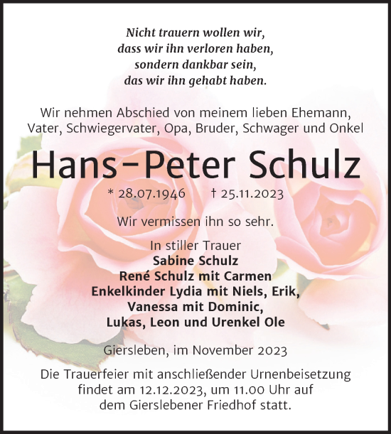 Traueranzeige von Hans-Peter Schulz von Trauerkombi Aschersleben