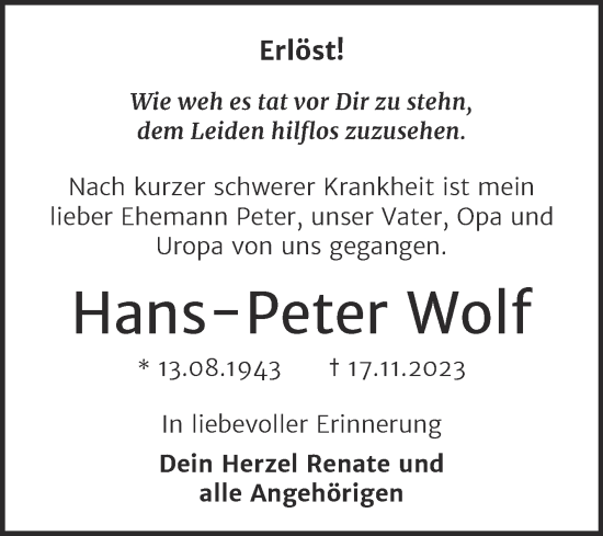 Traueranzeige von Hans-Peter Wolf von Mitteldeutsche Zeitung Halle/Saalkreis