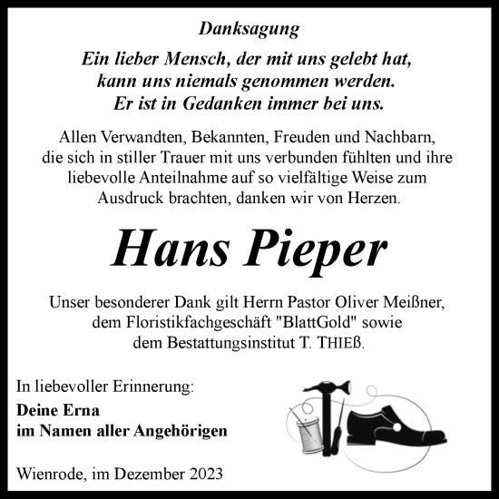 Traueranzeige von Hans Pieper von Volksstimme Wernigerode