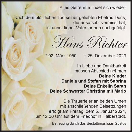 Traueranzeige von Hans Richter von Volksstimme Halberstadt