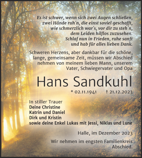 Traueranzeige von Hans Sandkuhl von Mitteldeutsche Zeitung Halle/Saalkreis