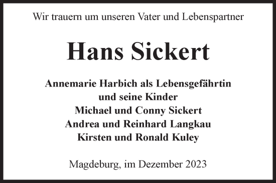 Traueranzeige von Hans Sickert von Volksstimme Magdeburg