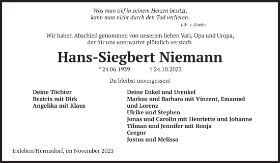 Traueranzeige von Hans-Siegbert Niemann von Volksstimme Magdeburg