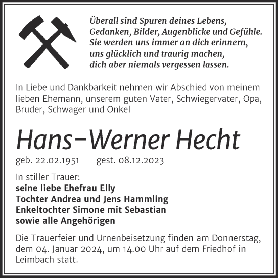 Traueranzeige von Hans-Werner Hecht von Trauerkombi Mansfelder Land