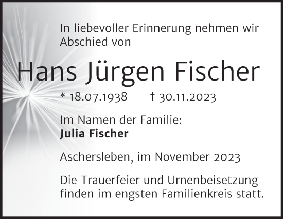 Traueranzeige von Hans Jürgen Fischer von Mitteldeutsche Zeitung Aschersleben