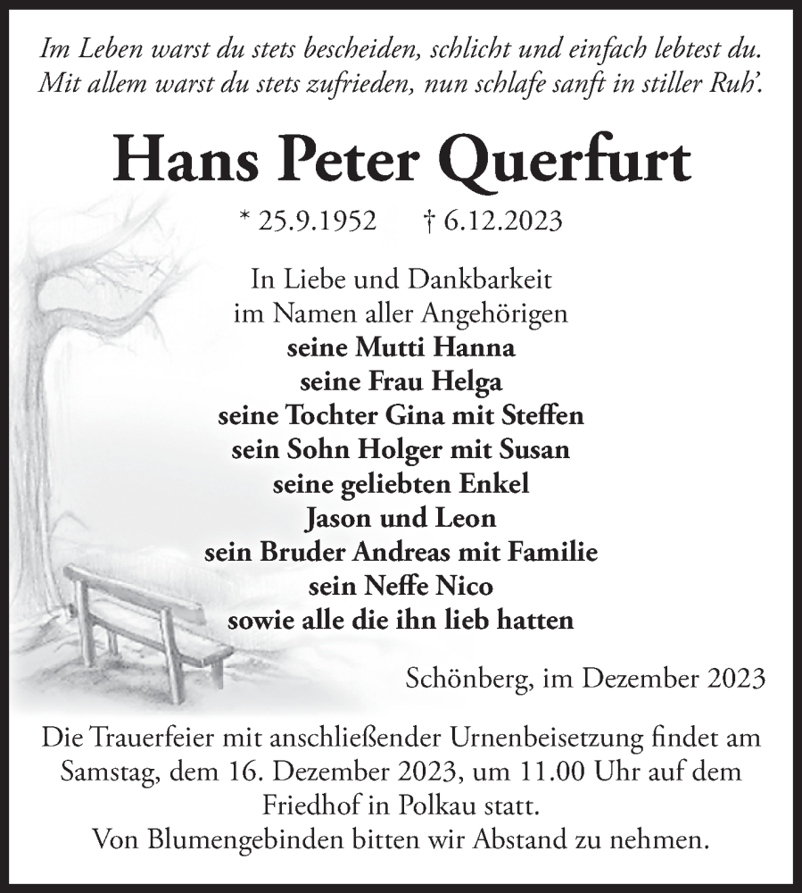  Traueranzeige für Hans Peter Querfurt vom 09.12.2023 aus Volksstimme Altmark Ost