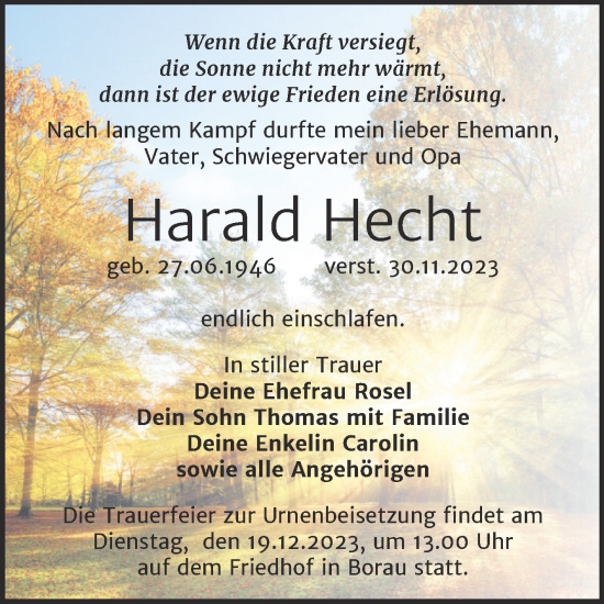 Traueranzeige von Harald Hecht von Trauerkombi Weißenfels