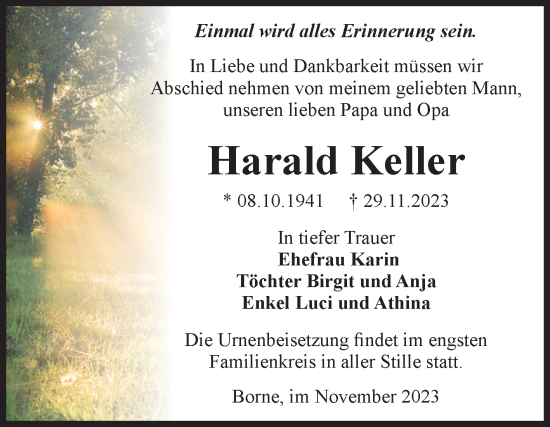 Traueranzeige von Harald Keller von Volksstimme Staßfurt