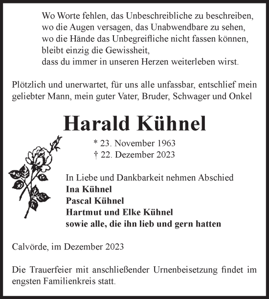 Traueranzeige von Harald Kühnel von Volksstimme Haldensleben/Wolmirstedt