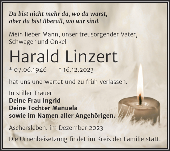 Traueranzeige von Harald Linzert von Trauerkombi Aschersleben