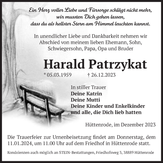 Traueranzeige von Harald Patrzykat von Volksstimme Wernigerode