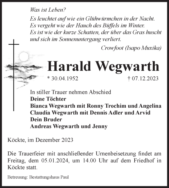 Traueranzeige von Harald Wegwarth von Volksstimme Altmark West
