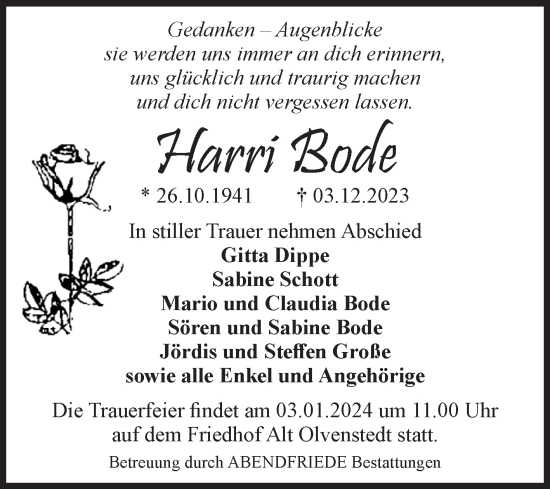 Traueranzeige von Harri Bode von Volksstimme Magdeburg