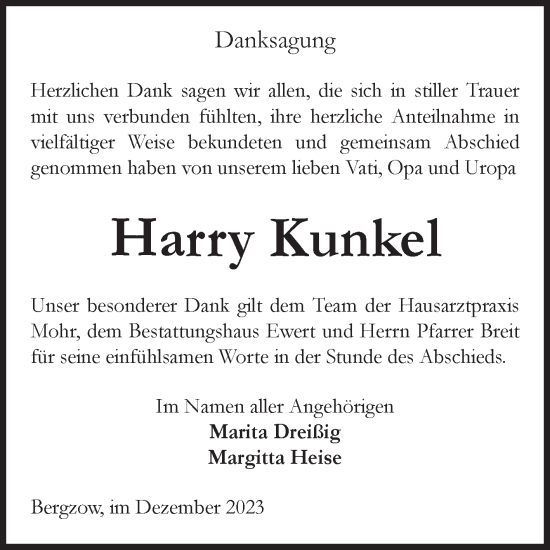 Traueranzeige von Harry Kunkel von Volksstimme Burg/Genthin