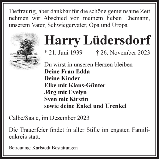 Traueranzeige von Harry Lüdersdorf von Volksstimme Schönebeck