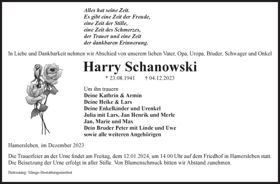 Traueranzeige von Harry Schanowski von Volksstimme Oschersleben/Wanzleben