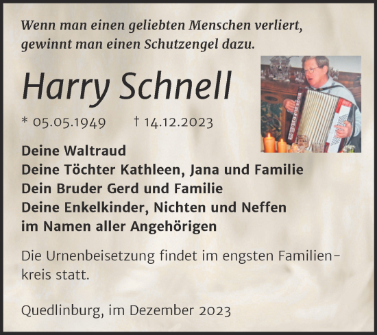 Traueranzeige von Harry Schnell von Trauerkombi Quedlinburg