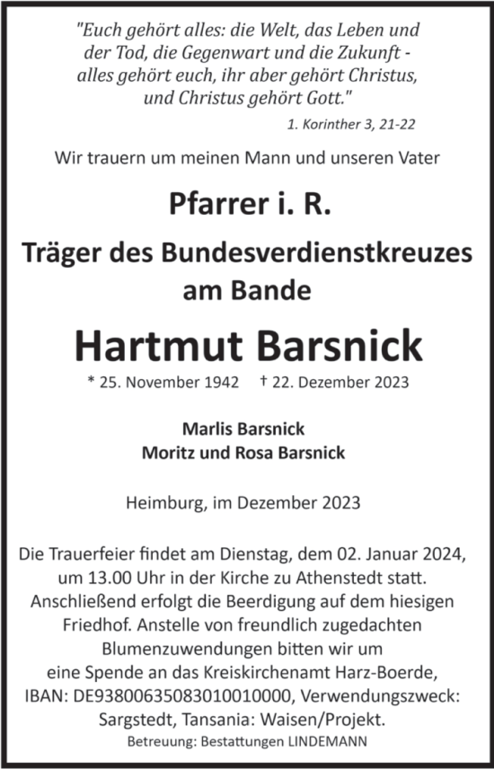 Traueranzeige von Hartmut Barsnick von Volksstimme Halberstadt