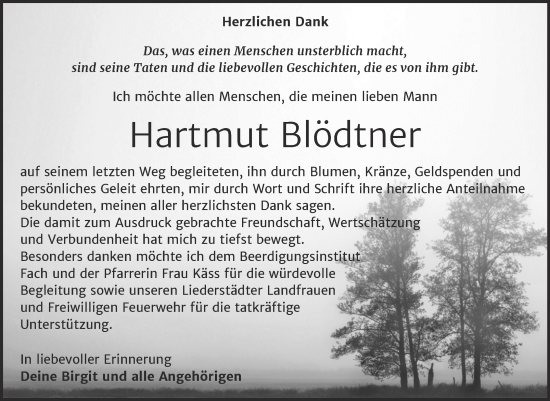 Traueranzeige von Hartmut Blödtner von Trauerkombi Merseburg