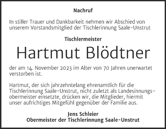Traueranzeige von Hartmut Blödtner von Mitteldeutsche Zeitung Merseburg/Querfurt