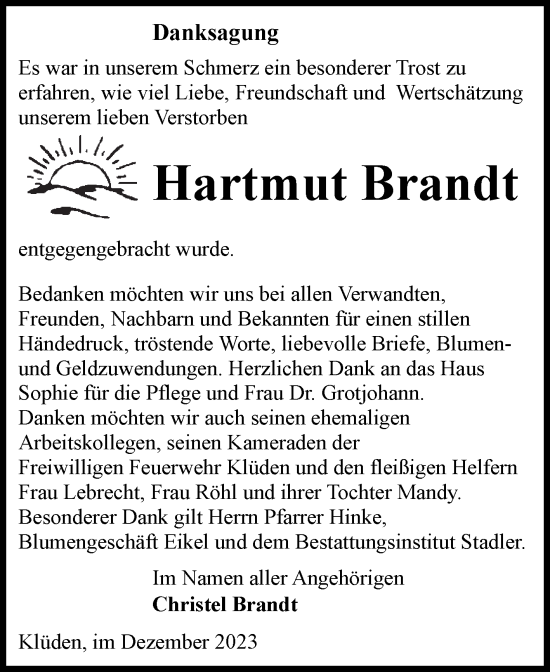 Traueranzeige von Hartmut Brandt von Volksstimme Altmark West
