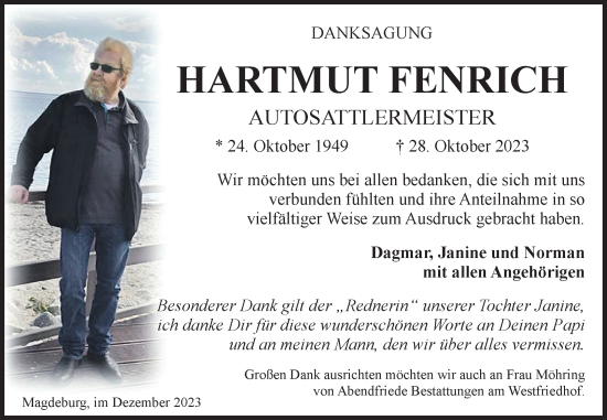 Traueranzeige von Hartmut Fenrich von Volksstimme Burg/Genthin