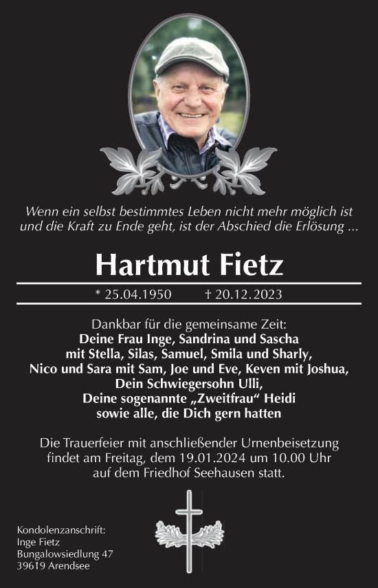 Traueranzeige von Hartmut Fietz von Volksstimme Altmark Ost