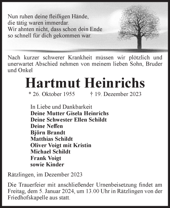 Traueranzeige von Hartmut Heinrichs von Volksstimme Haldensleben/Wolmirstedt