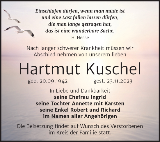 Traueranzeige von Hartmut Kuschet von Wochenspiegel Naumburg/Nebra