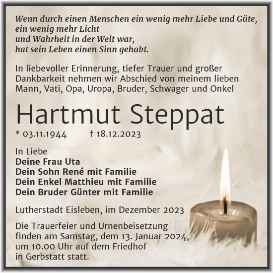 Traueranzeige von Hartmut Steppat von Trauerkombi Mansfelder Land