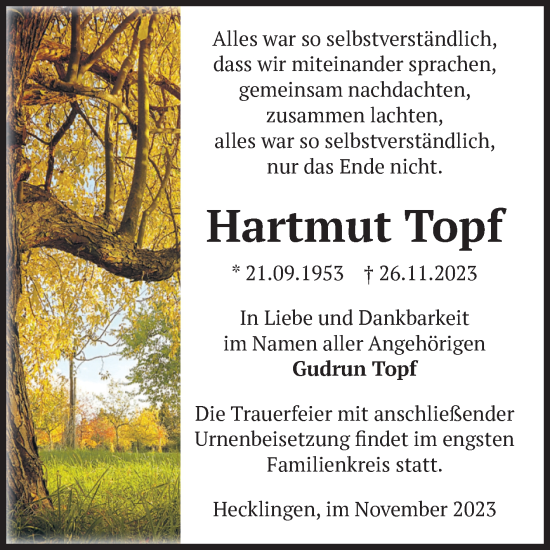 Traueranzeige von Hartmut Topf von Volksstimme Staßfurt