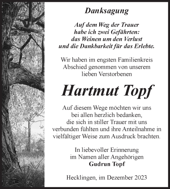 Traueranzeige von Hartmut Topf von Volksstimme Staßfurt