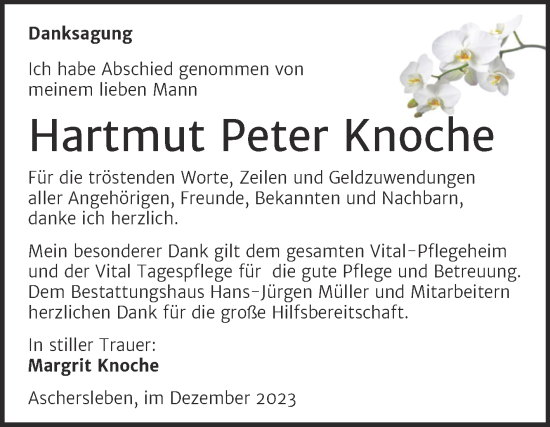 Traueranzeige von Hartmut Peter Knoche von Trauerkombi Aschersleben