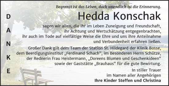 Traueranzeige von Hedda Konschak von Trauerkombi Wittenberg