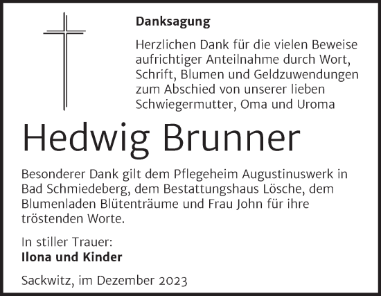 Traueranzeige von Hedwig Brunner von Trauerkombi Wittenberg