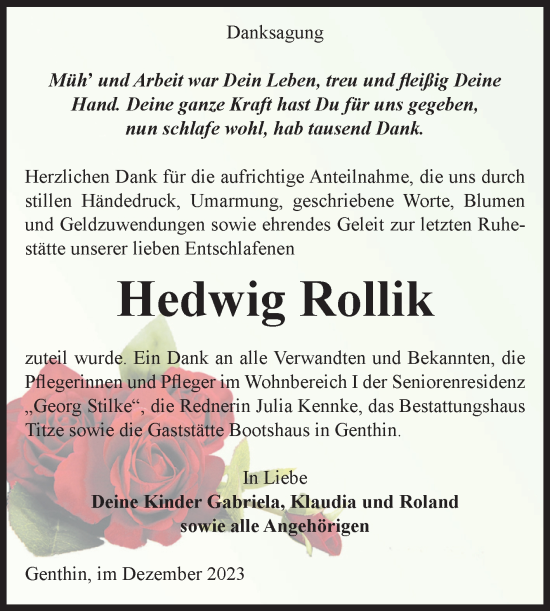 Traueranzeige von Hedwig Rollik von Volksstimme Burg/Genthin