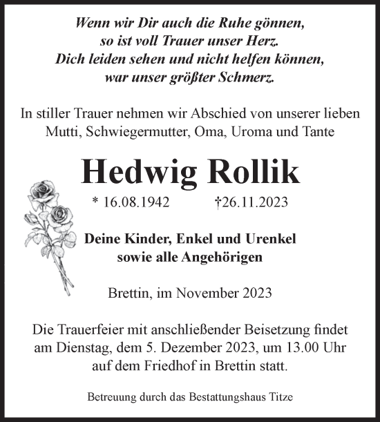 Traueranzeige von Hedwig Rollik von Volksstimme Burg/Genthin