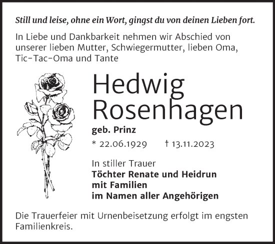 Traueranzeige von Hedwig Rosenhagen von Trauerkombi Bernburg