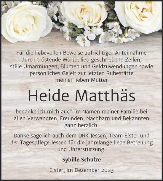 Traueranzeige von Heide Matthäs von Trauerkombi Wittenberg