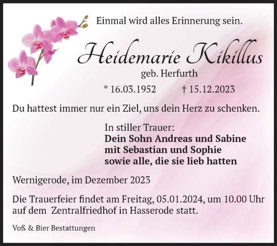 Traueranzeige von Heidemarie Kikillus von Volksstimme Wernigerode