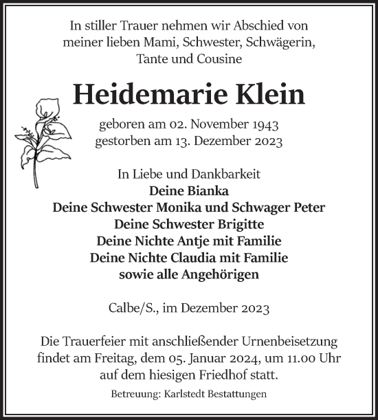 Traueranzeige von Heidemarie Klein von Volksstimme Schönebeck