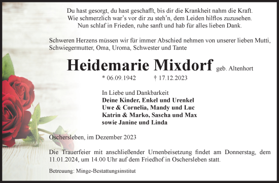 Traueranzeige von Heidemarie Mixdorf von Volksstimme Oschersleben/Wanzleben