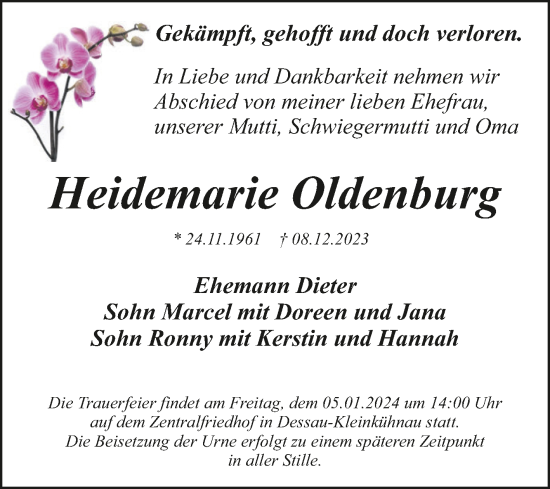 Traueranzeige von Heidemarie Oldenburg von Trauerkombi Dessau