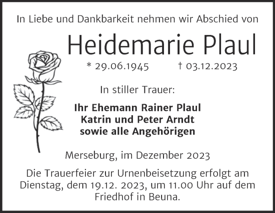 Traueranzeige von Heidemarie Plaul von Trauerkombi Merseburg