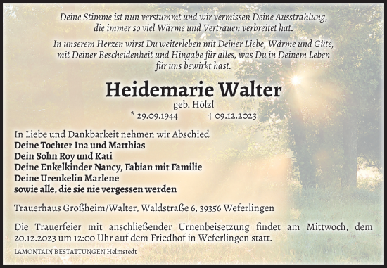 Traueranzeige von Heidemarie Walter von Volksstimme Haldensleben/Wolmirstedt