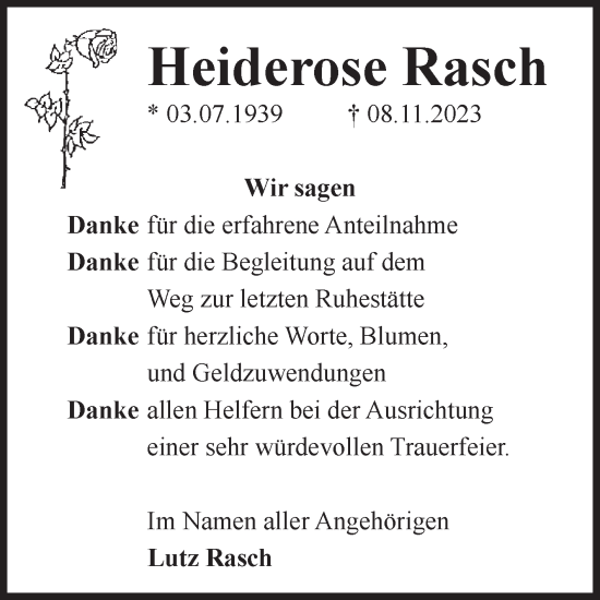 Traueranzeige von Heiderose Rasch von Volksstimme Staßfurt