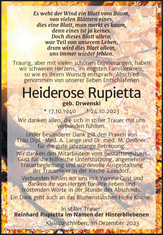 Traueranzeige von Heiderose Rupietta von Trauerkombi Köthen