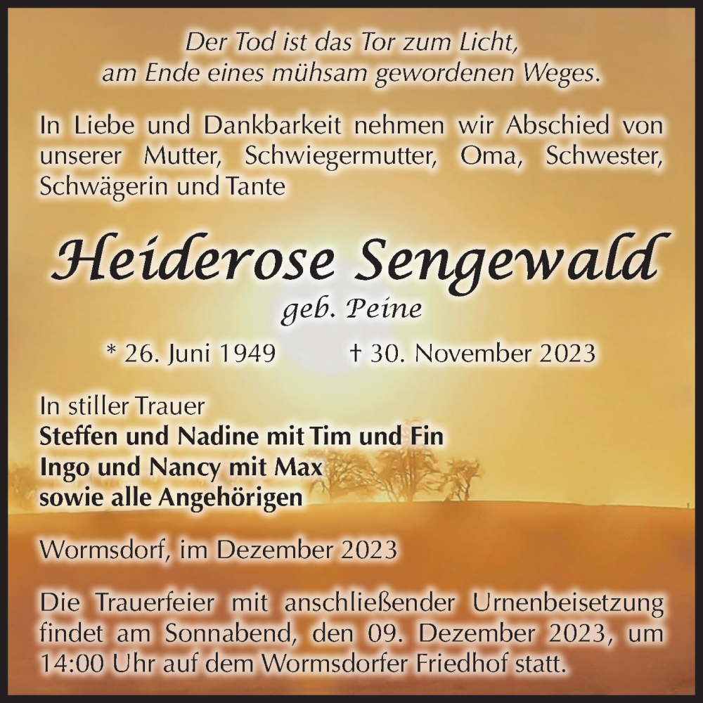  Traueranzeige für Heiderose Sengewald vom 02.12.2023 aus Volksstimme Oschersleben/Wanzleben