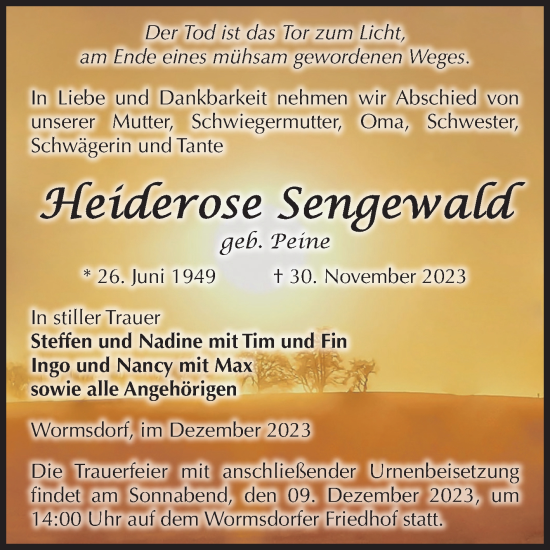 Traueranzeige von Heiderose Sengewald von Volksstimme Oschersleben/Wanzleben