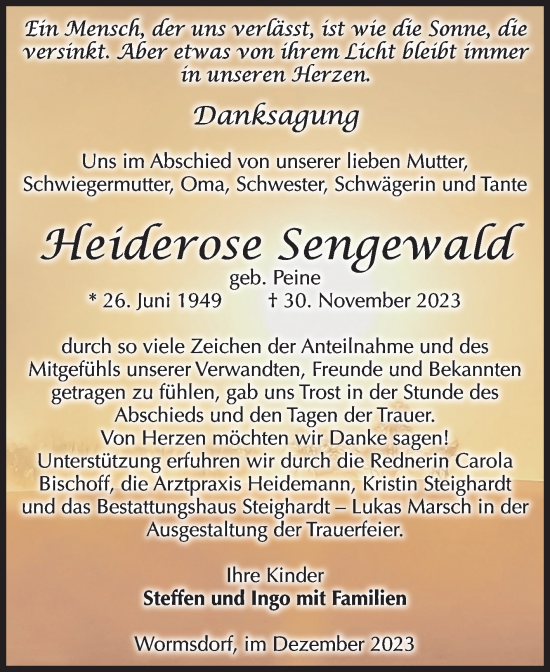 Traueranzeige von Heiderose Sengewald von Volksstimme Oschersleben/Wanzleben